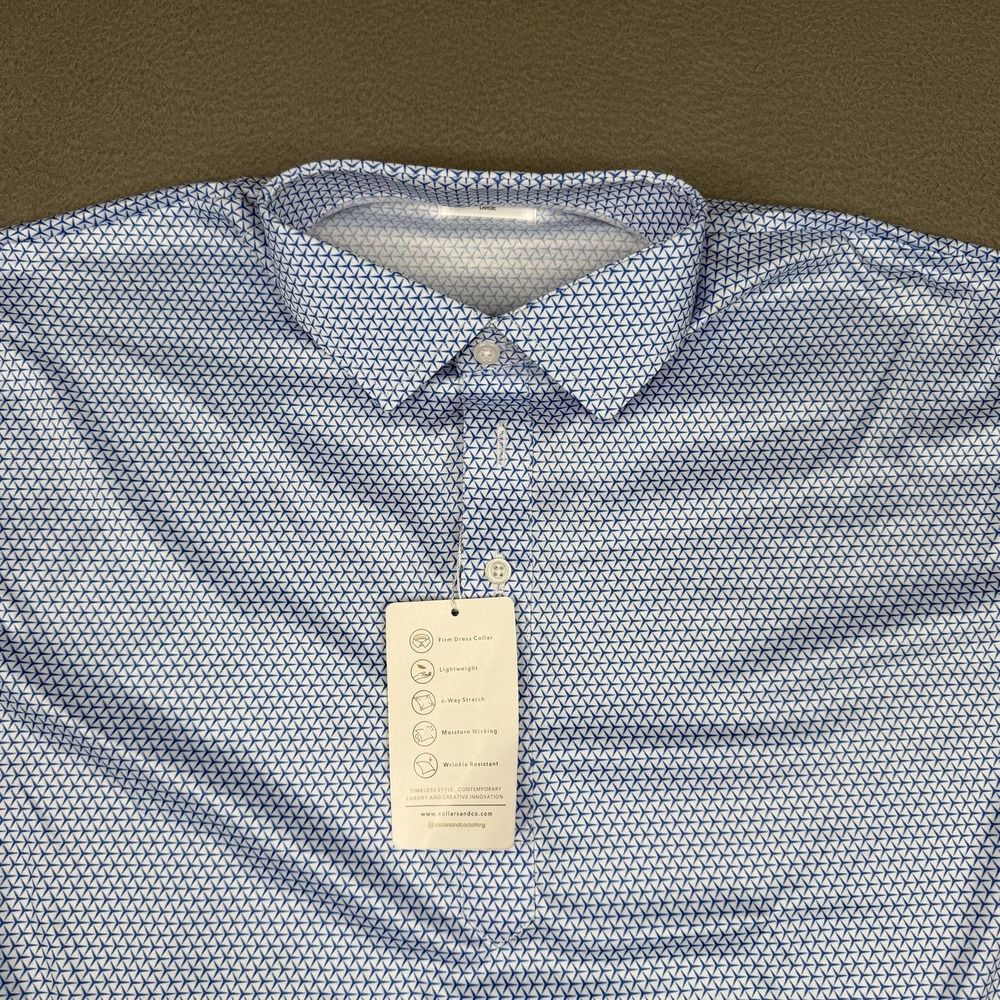 Collars & Co. Dress Collar Polo Shirt Mens L Blue Geo Print 4-Way Stretch